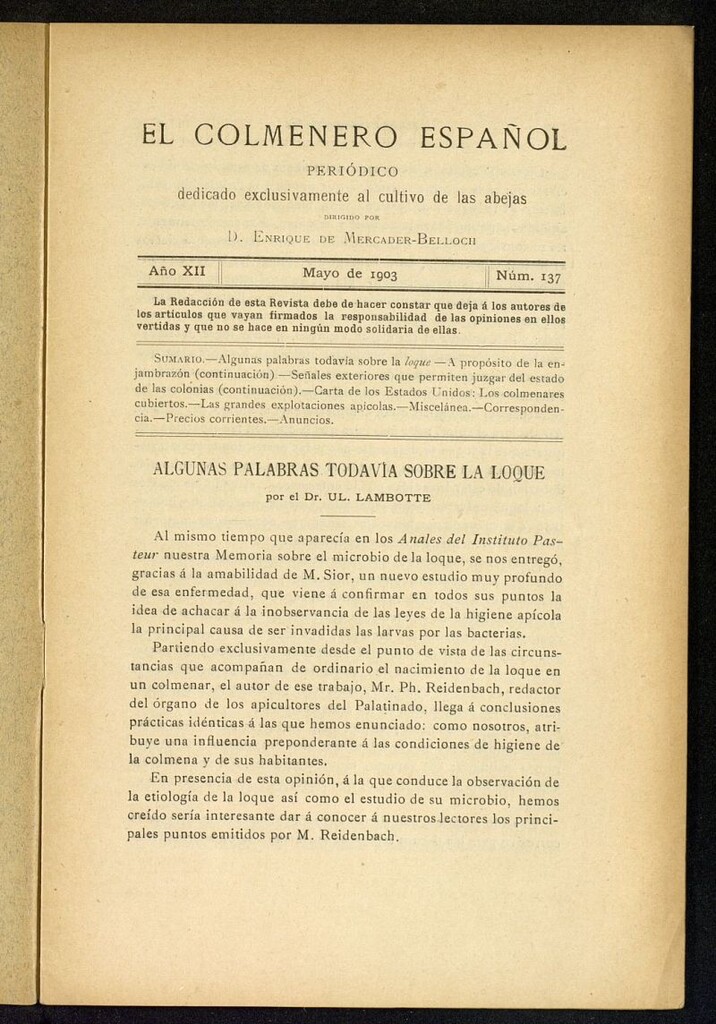 Miniatura de El Colmenero Español : periódico dedicado exclusivamente al cultivo de las abejas de mayo de 1903