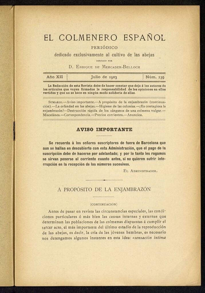 Miniatura de El Colmenero Español : periódico dedicado exclusivamente al cultivo de las abejas de julio de 1903