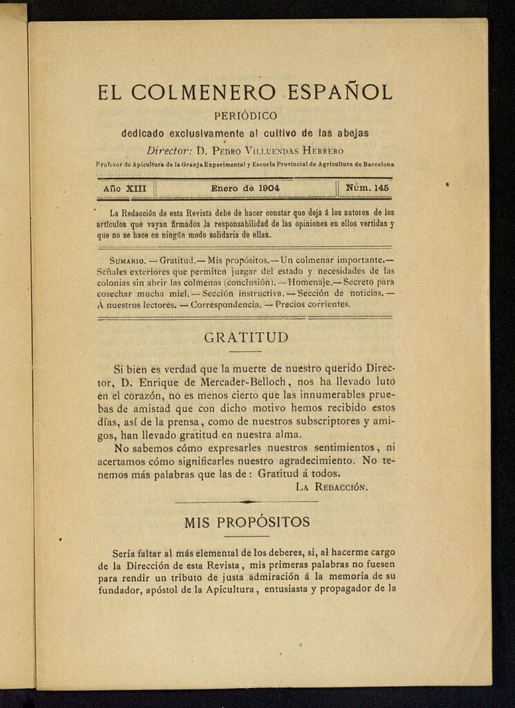 Miniatura de El Colmenero Español : periódico dedicado exclusivamente al cultivo de las abejas de enero de 1904