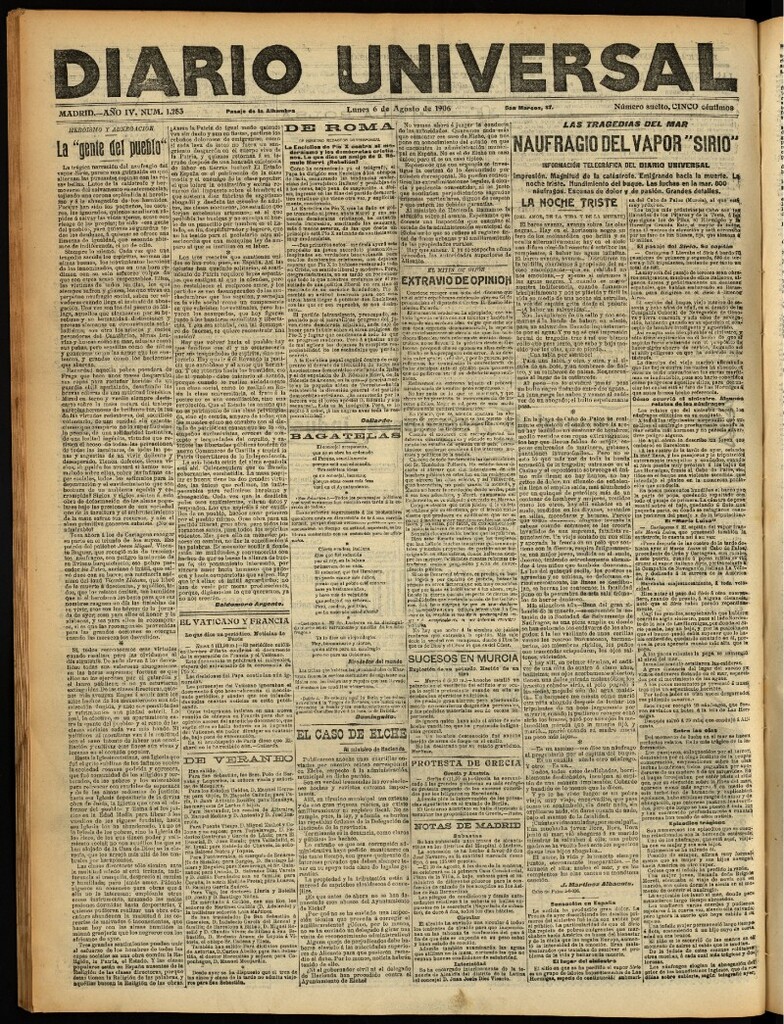 Miniatura de Diario Universal del 6 de agosto de 1906, edición de noche