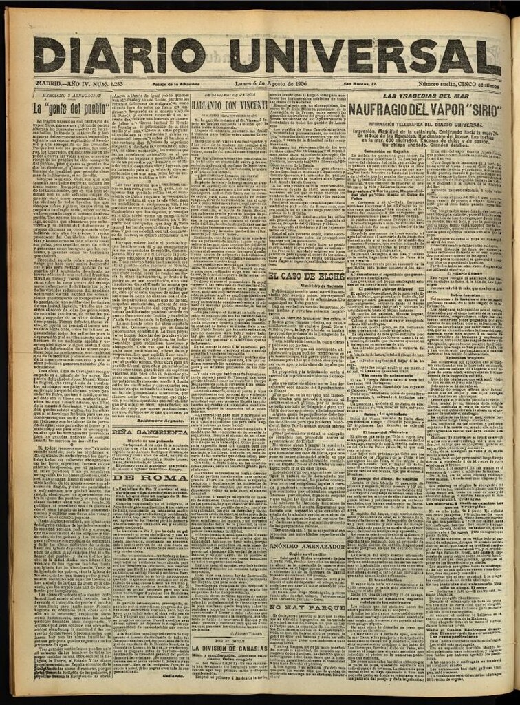Miniatura de Diario Universal del 6 de agosto de 1906, edición de tarde