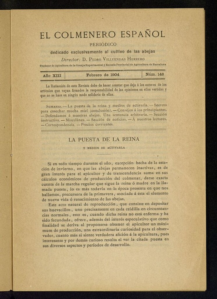 Miniatura de El Colmenero Español : periódico dedicado exclusivamente al cultivo de las abejas de febrero de 1904