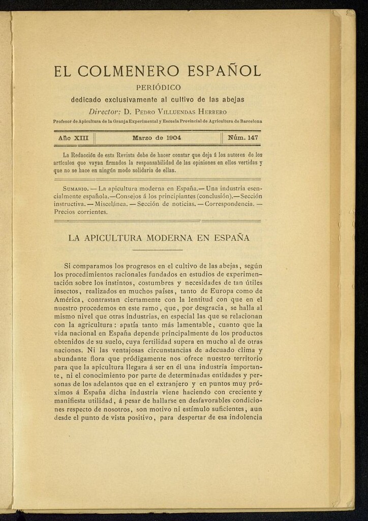 Miniatura de El Colmenero Español : periódico dedicado exclusivamente al cultivo de las abejas de marzo de 1904