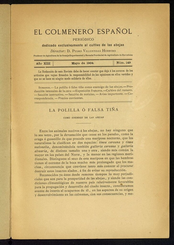 Miniatura de El Colmenero Español : periódico dedicado exclusivamente al cultivo de las abejas de mayo de 1904