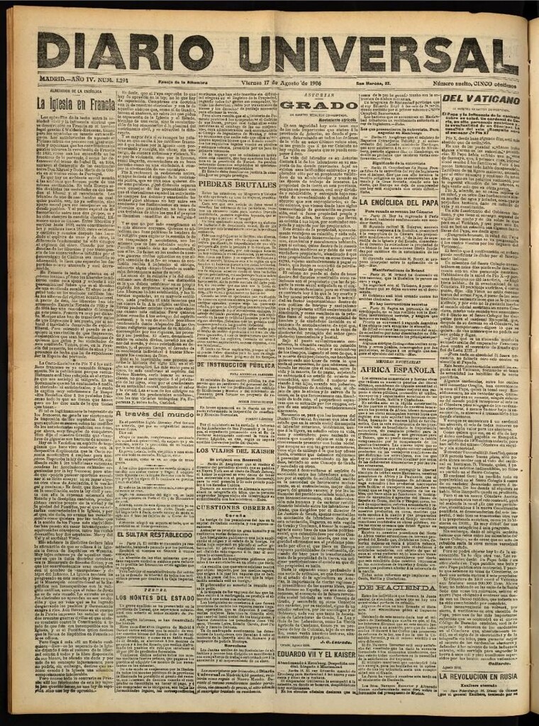 Miniatura de Diario Universal del 17 de agosto de 1906, edición de tarde