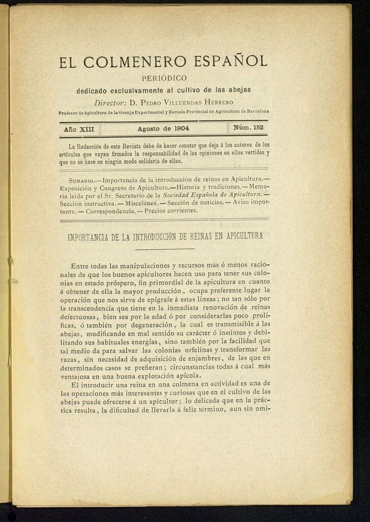 Miniatura de El Colmenero Español : periódico dedicado exclusivamente al cultivo de las abejas de agosto de 1904