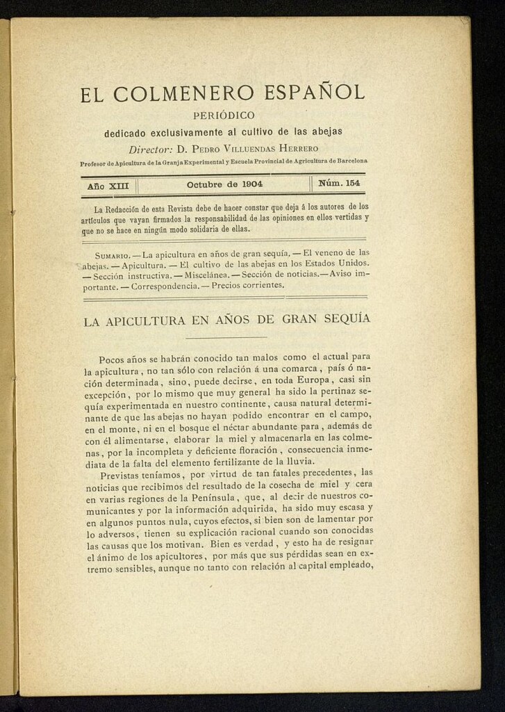 Miniatura de El Colmenero Español : periódico dedicado exclusivamente al cultivo de las abejas de octubre de 1904