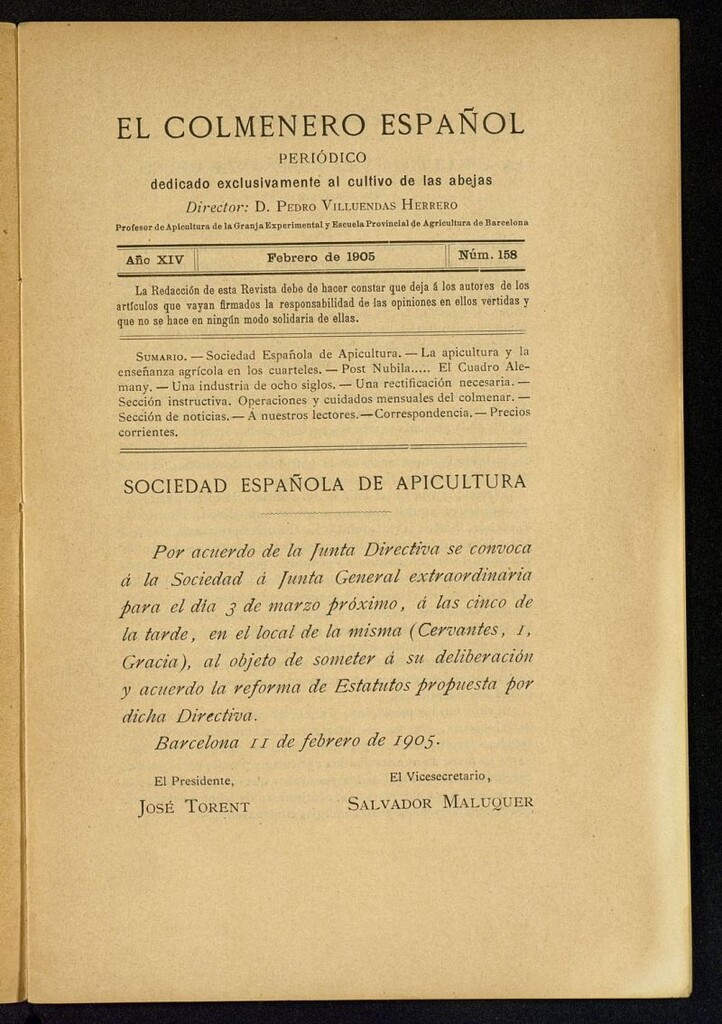 Miniatura de El Colmenero Español : periódico dedicado exclusivamente al cultivo de las abejas de febrero de 1905
