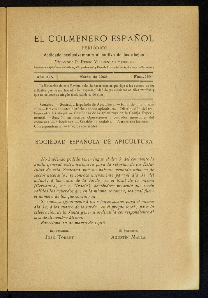 Miniatura de El Colmenero Español : periódico dedicado exclusivamente al cultivo de las abejas de marzo de 1905