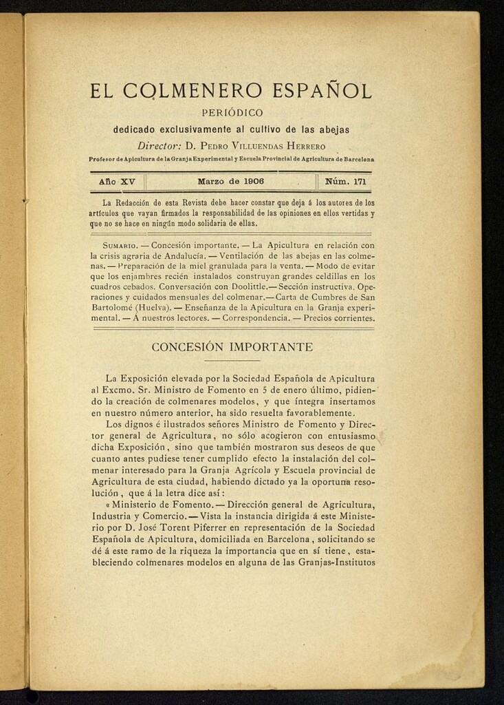 Miniatura de El Colmenero Español : periódico dedicado exclusivamente al cultivo de las abejas de marzo de 1906