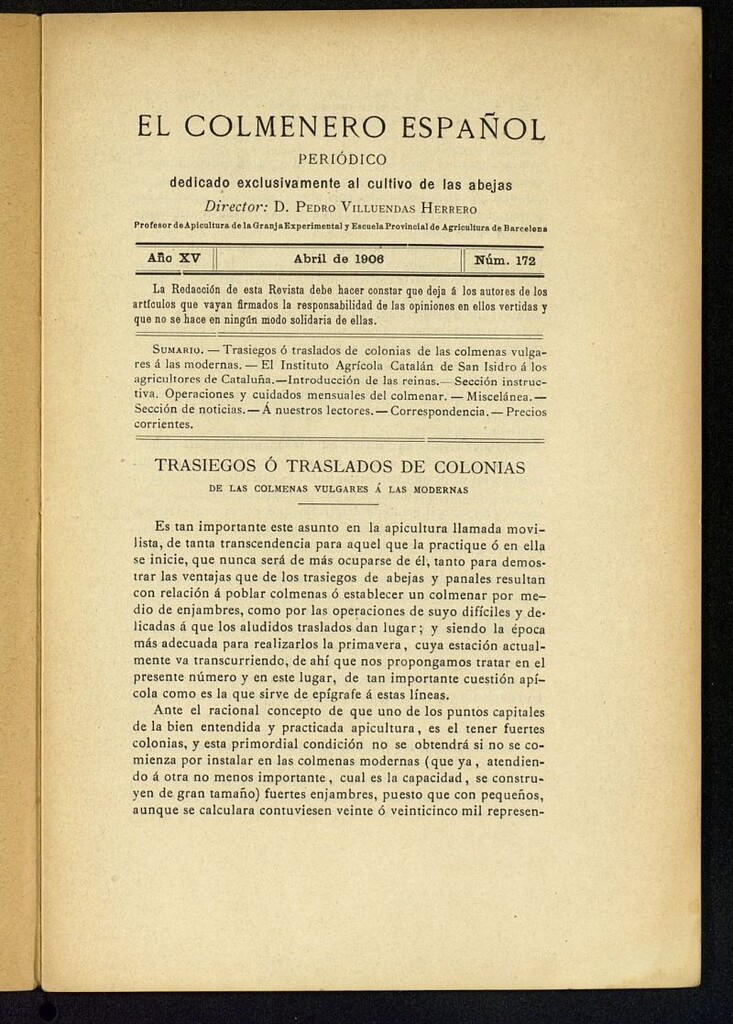 Miniatura de El Colmenero Español : periódico dedicado exclusivamente al cultivo de las abejas de abril de 1906