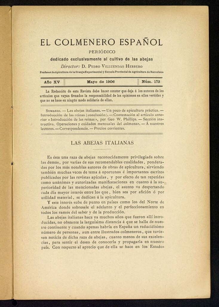Miniatura de El Colmenero Español : periódico dedicado exclusivamente al cultivo de las abejas de mayo de 1906