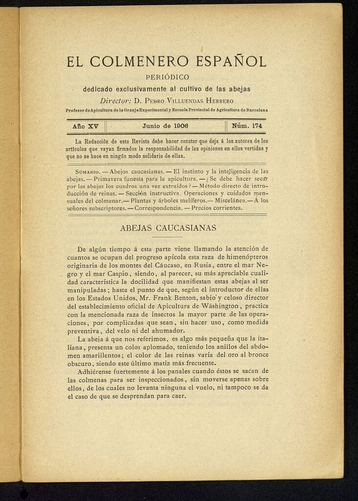 Miniatura de El Colmenero Español : periódico dedicado exclusivamente al cultivo de las abejas de junio de 1906