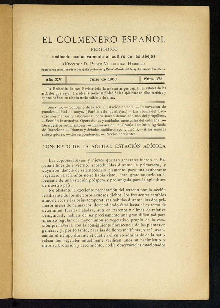 Miniatura de El Colmenero Español : periódico dedicado exclusivamente al cultivo de las abejas de julio de 1906