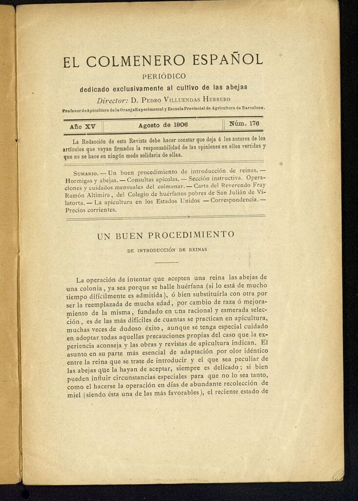 Miniatura de El Colmenero Español : periódico dedicado exclusivamente al cultivo de las abejas de agosto de 1906