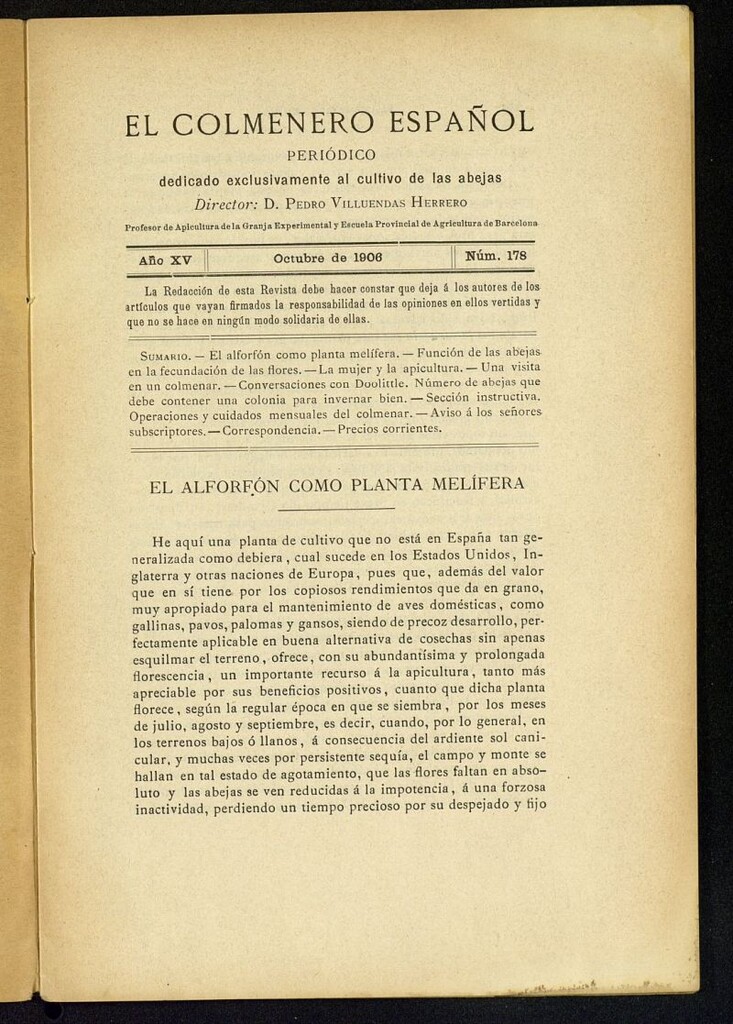 Miniatura de El Colmenero Español : periódico dedicado exclusivamente al cultivo de las abejas de octubre de 1906