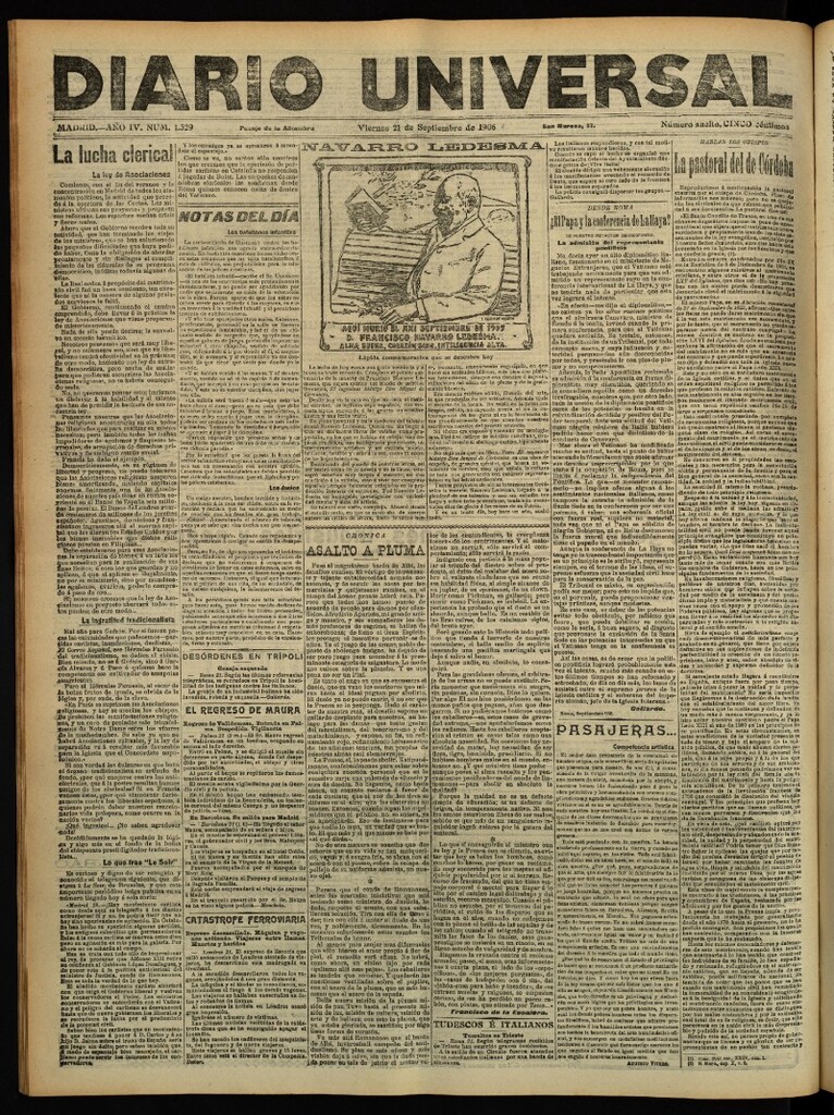 Miniatura de Diario Universal del 21 de septiembre de 1906, edición de tarde