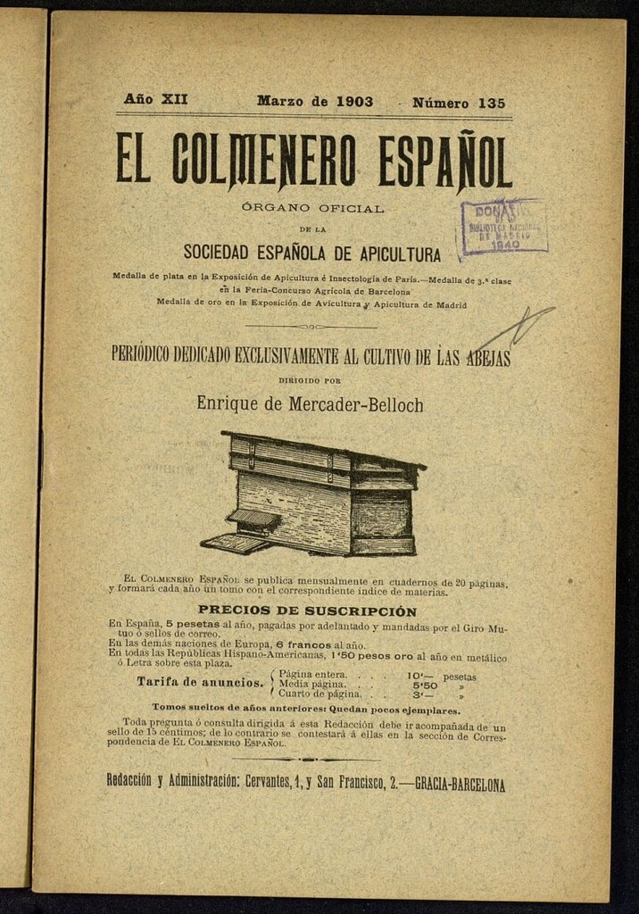 Miniatura de El Colmenero Español : periódico dedicado exclusivamente al cultivo de las abejas de marzo de 1903