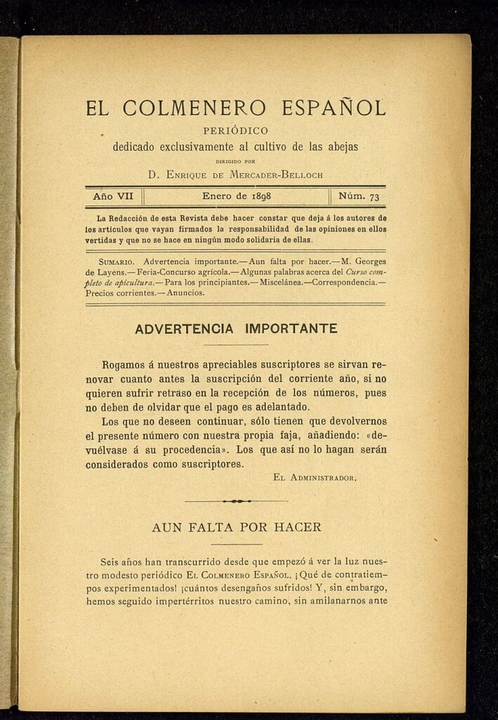 Miniatura de El Colmenero Español : periódico dedicado exclusivamente al cultivo de las abejas de enero de 1898