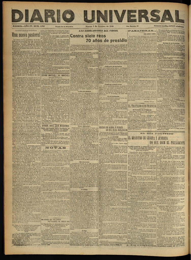 Miniatura de Diario Universal del 2 de octubre de 1906, edición de noche
