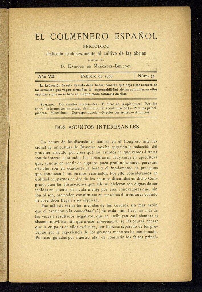 Miniatura de El Colmenero Español : periódico dedicado exclusivamente al cultivo de las abejas de febrero de 1898