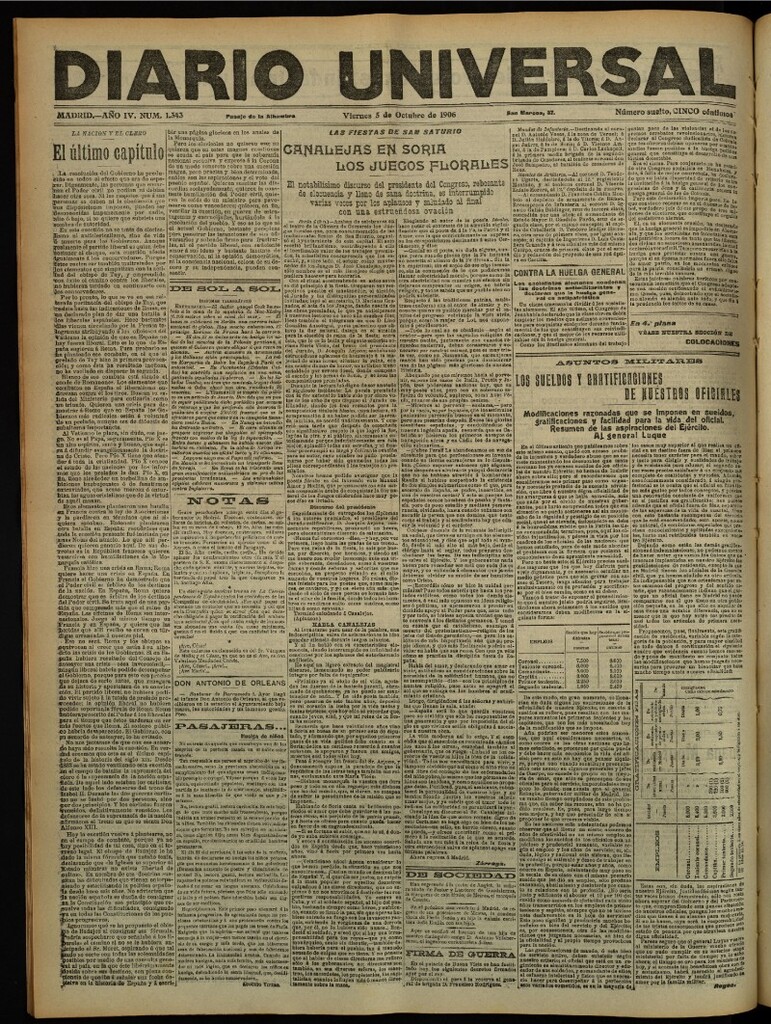 Miniatura de Diario Universal del 5 de octubre de 1906, edición de tarde