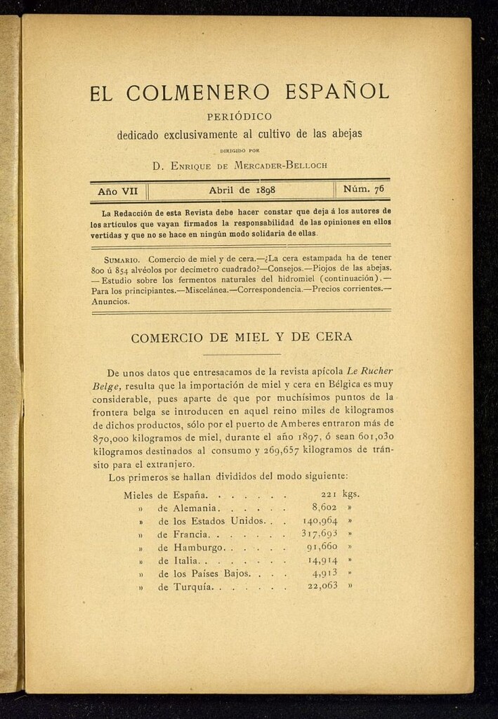 Miniatura de El Colmenero Español : periódico dedicado exclusivamente al cultivo de las abejas de abril de 1898