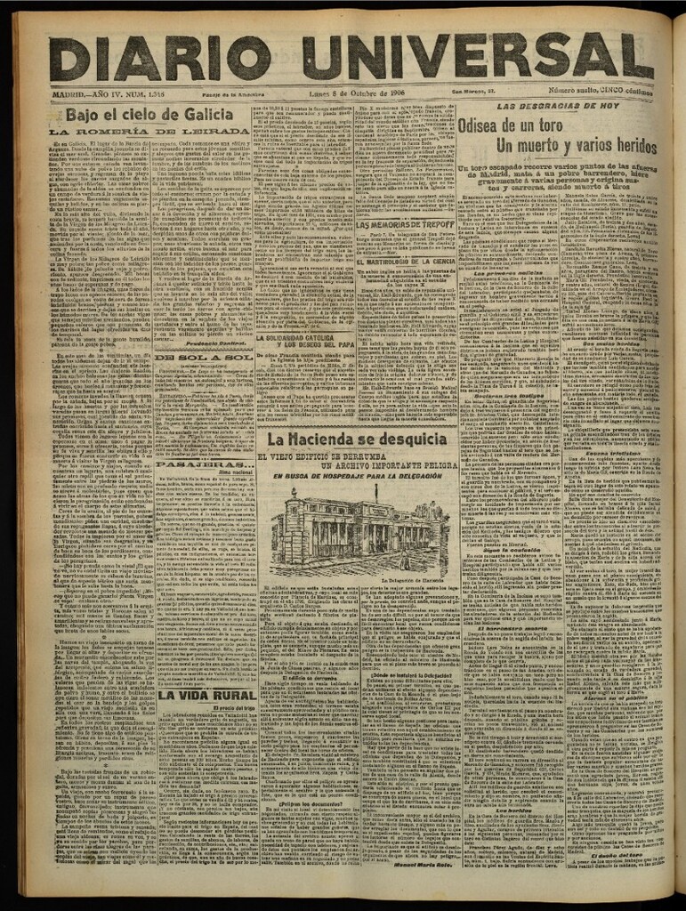 Miniatura de Diario Universal del 8 de octubre de 1906, edición de tarde