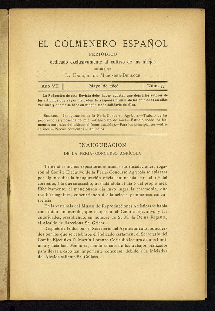 Miniatura de El Colmenero Español : periódico dedicado exclusivamente al cultivo de las abejas de mayo de 1898