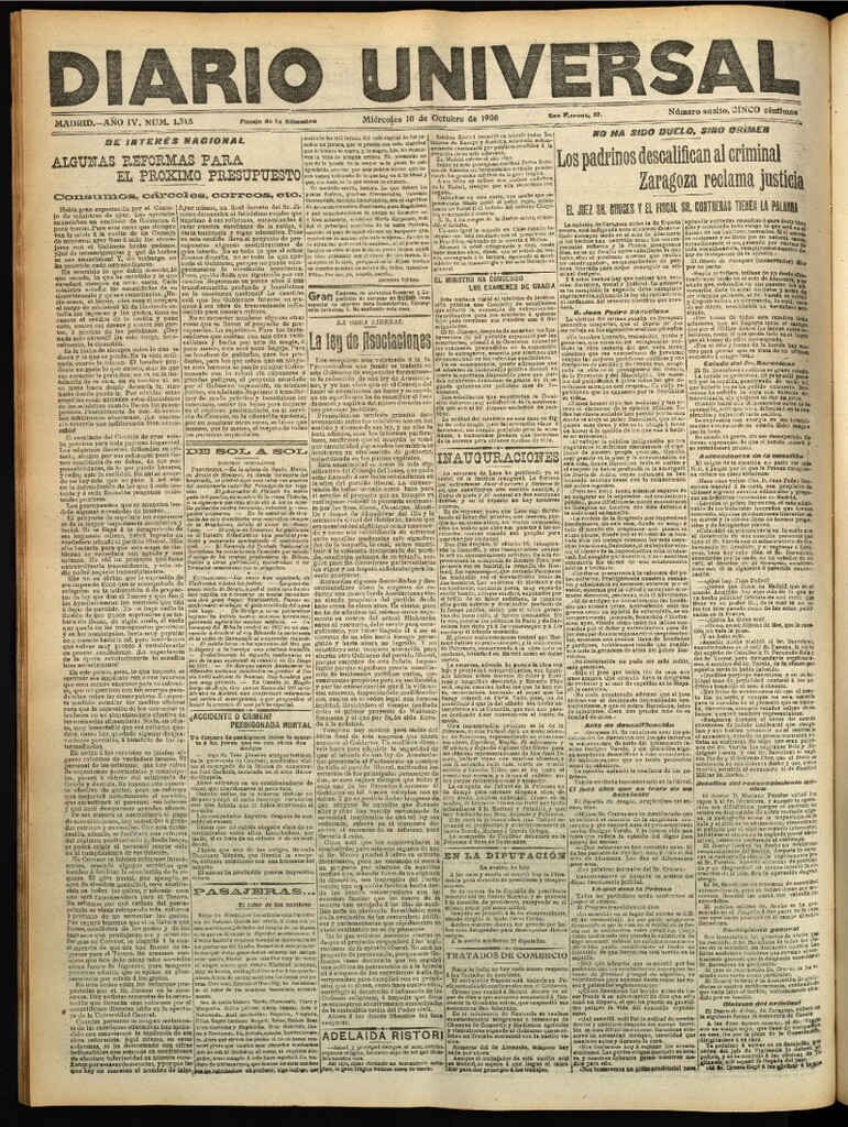 Miniatura de Diario Universal del 10 de octubre de 1906, edición de tarde