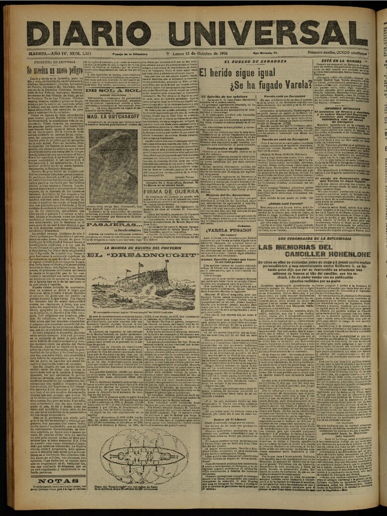 Miniatura de Diario Universal del 15 de octubre de 1906, edición de noche