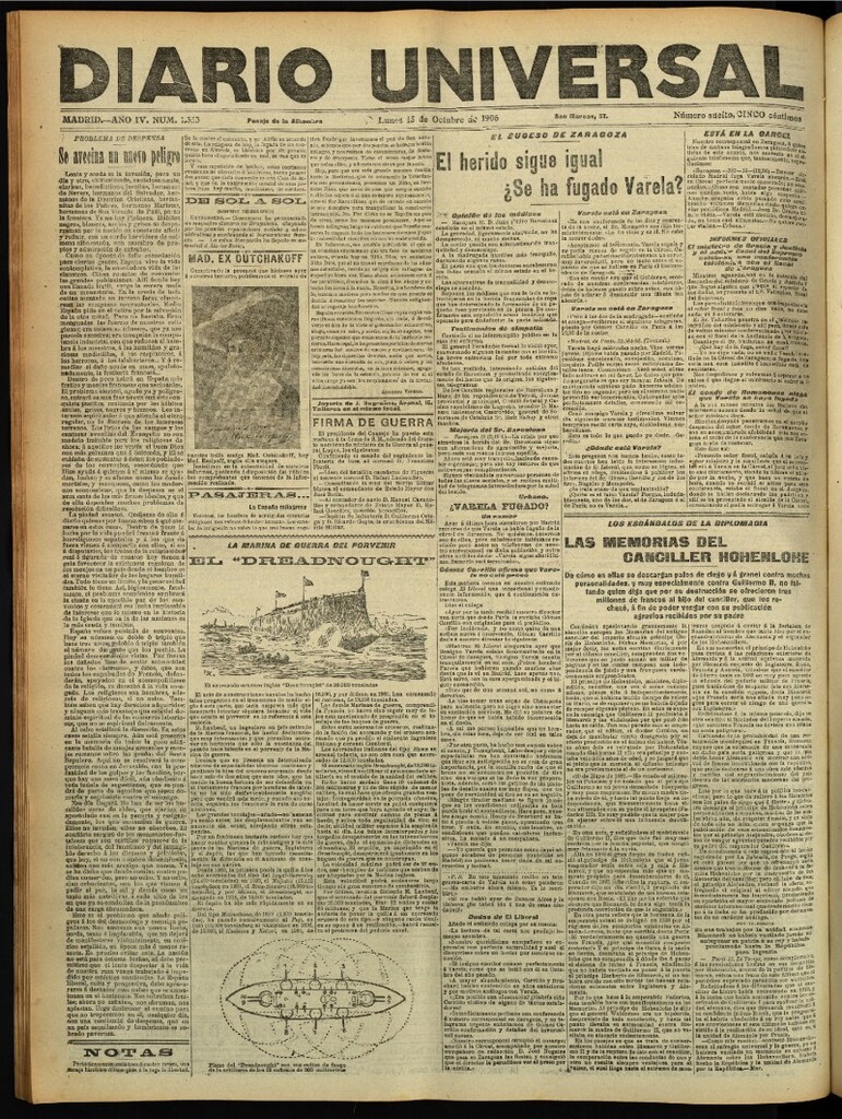 Miniatura de Diario Universal del 15 de octubre de 1906, edición de tarde