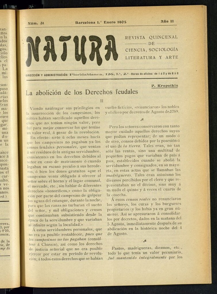 Miniatura de Natura : revista quincenal de ciencia, sociología, literatura y arte del 1 de enero de 1905
