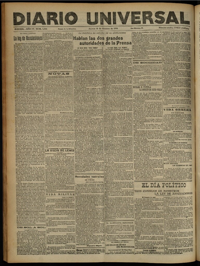 Miniatura de Diario Universal del 18 de octubre de 1906, edición de noche