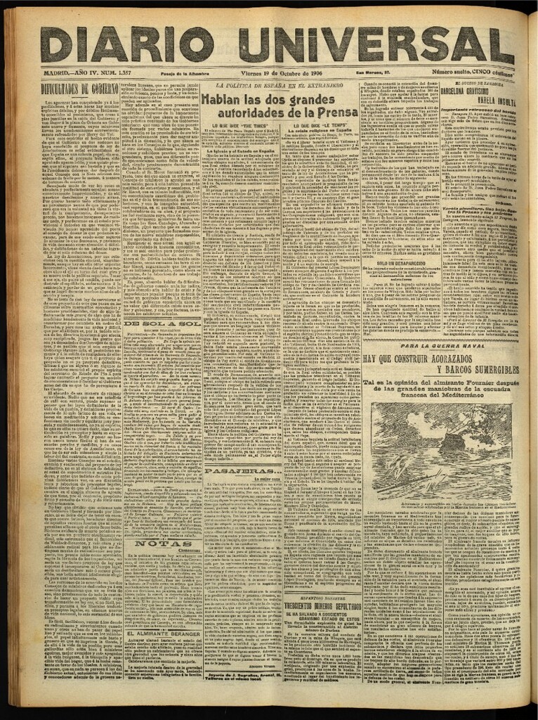 Miniatura de Diario Universal del 19 de octubre de 1906, edición de tarde