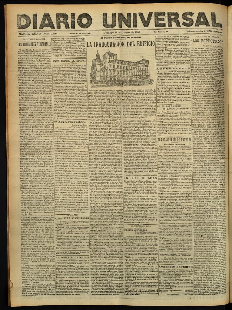 Miniatura de Diario Universal del 21 de octubre de 1906, edición de tarde