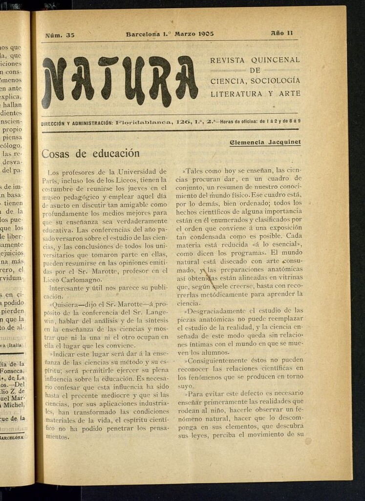 Miniatura de Natura : revista quincenal de ciencia, sociología, literatura y arte del 1 de marzo de 1905