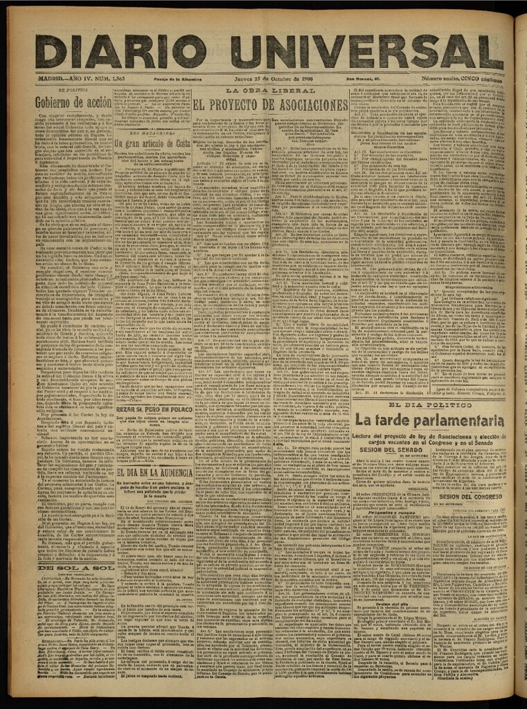 Miniatura de Diario Universal del 25 de octubre de 1906, edición de noche