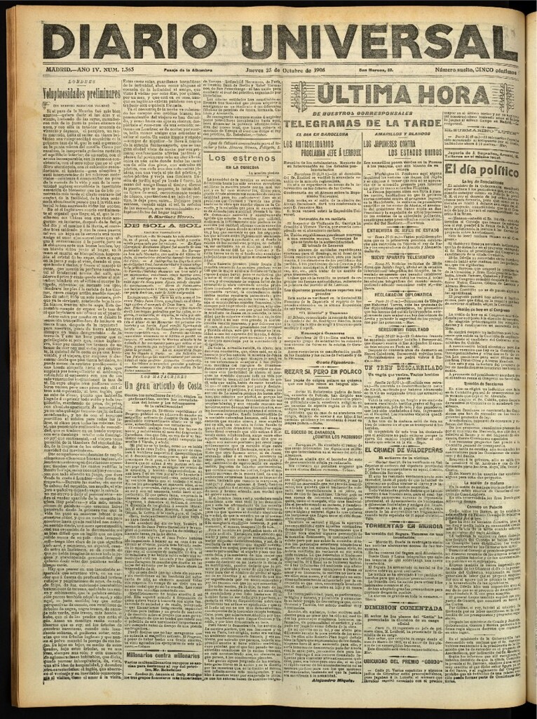 Miniatura de Diario Universal del 25 de octubre de 1906, edición de tarde