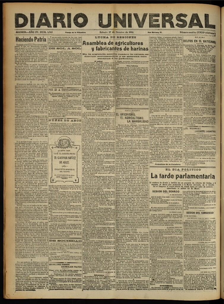 Miniatura de Diario Universal del 27 de octubre de 1906, edición de noche