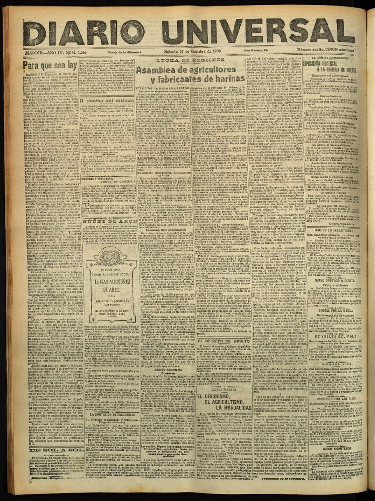 Miniatura de Diario Universal del 27 de octubre de 1906, edición de tarde