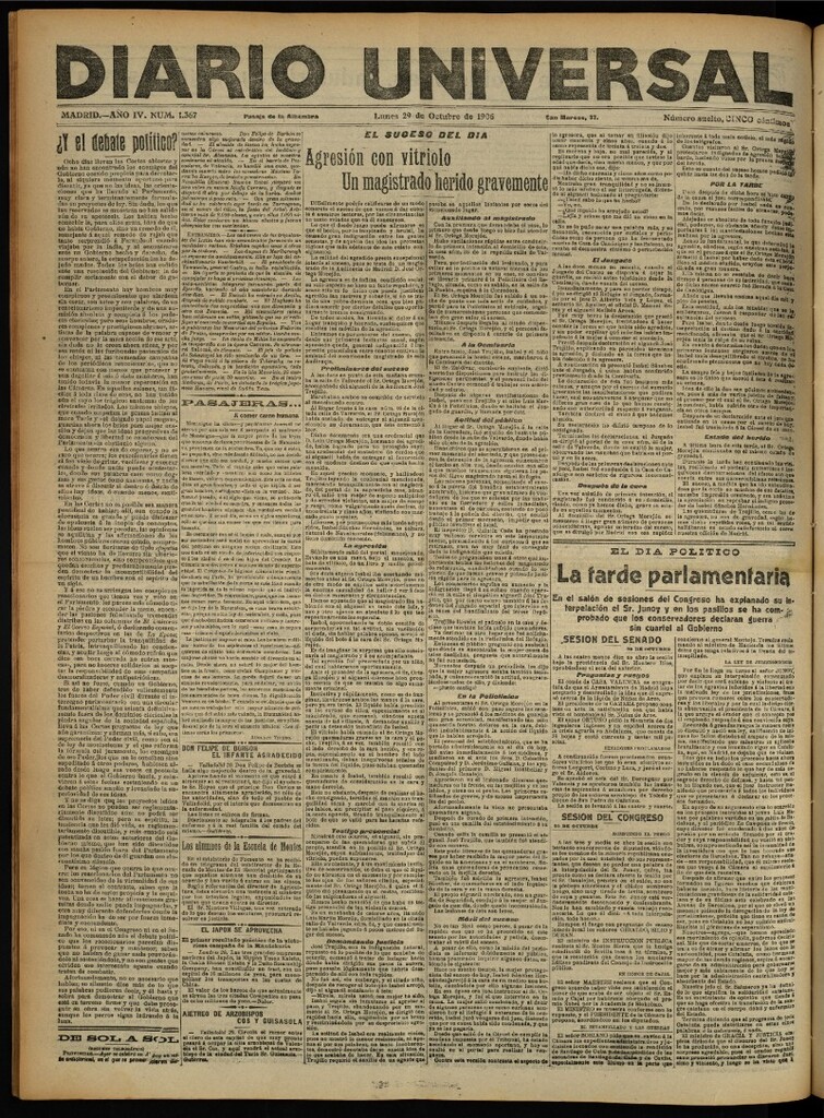 Miniatura de Diario Universal del 29 de octubre de 1906, edición de noche