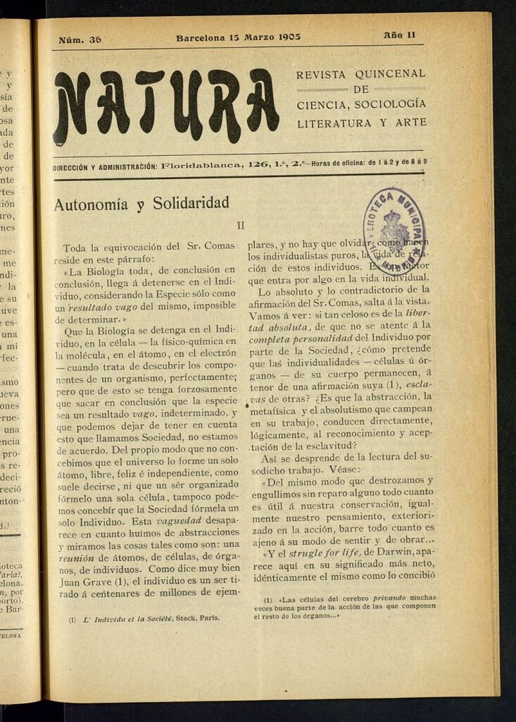 Miniatura de Natura : revista quincenal de ciencia, sociología, literatura y arte del 15 de marzo de 1905