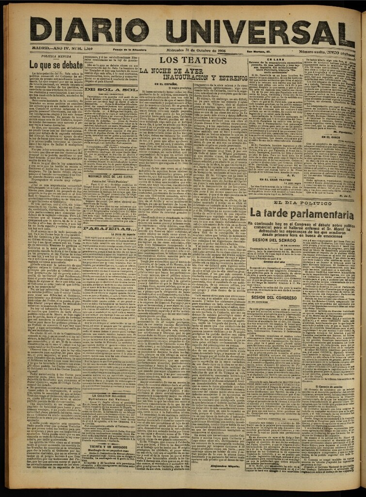 Miniatura de Diario Universal del 31 de octubre de 1906, edición de noche
