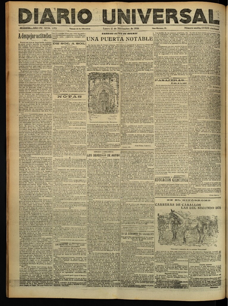 Miniatura de Diario Universal del 12 de noviembre de 1906, edición de tarde