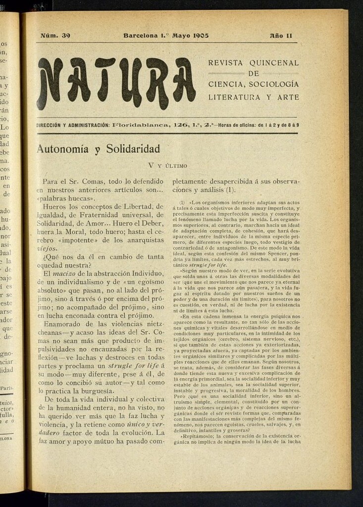 Miniatura de Natura : revista quincenal de ciencia, sociología, literatura y arte del 1 de mayo de 1905