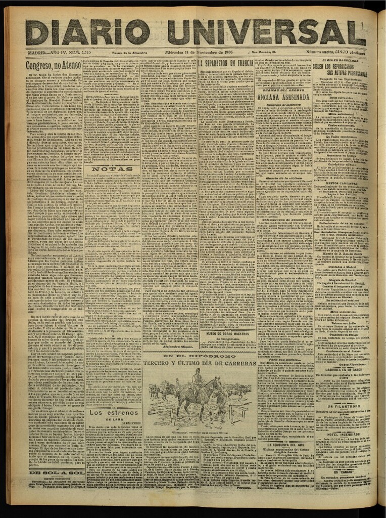 Miniatura de Diario Universal del 14 de noviembre de 1906, edición de tarde