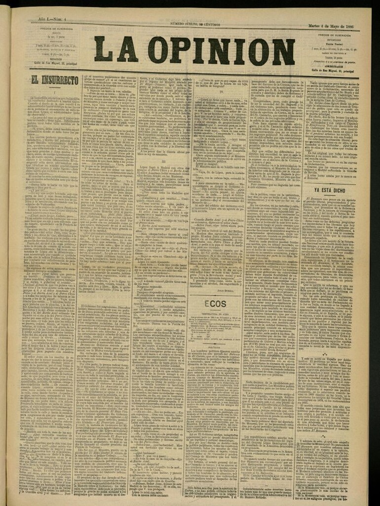 Miniatura de La Opinión del 4 de mayo de 1886, nº 4