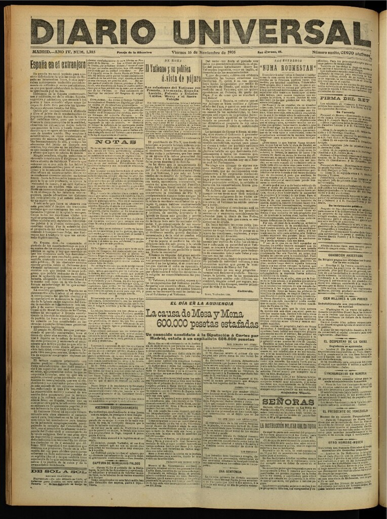 Miniatura de Diario Universal del 16 de noviembre de 1906, edición de tarde