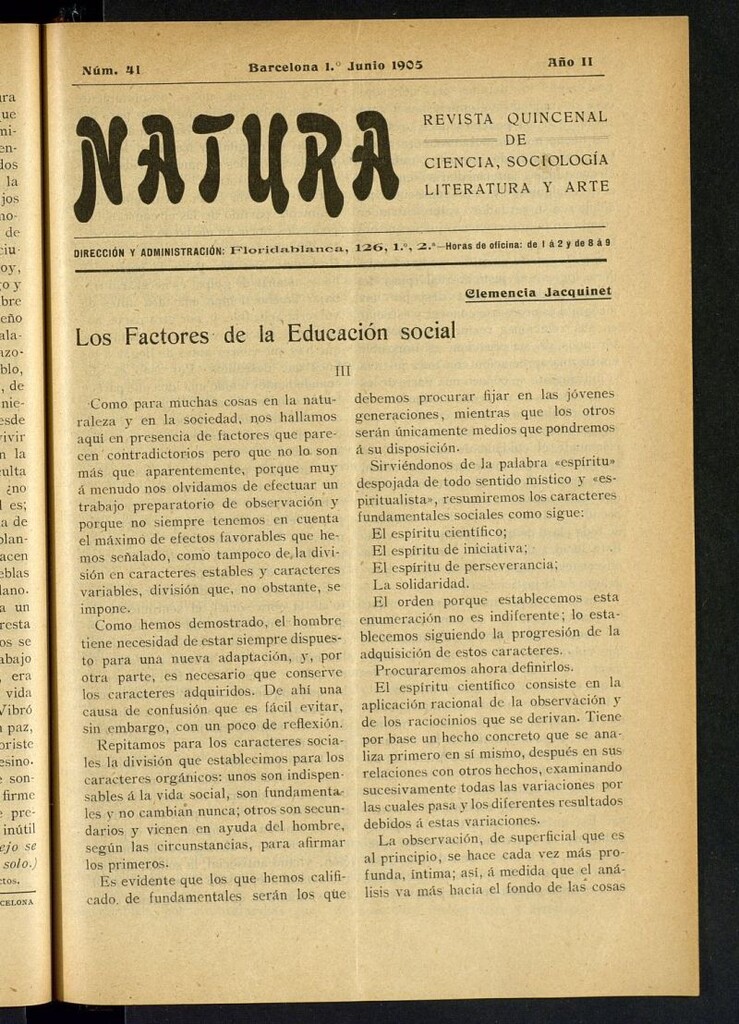 Miniatura de Natura : revista quincenal de ciencia, sociología, literatura y arte del 1 de junio de 1905